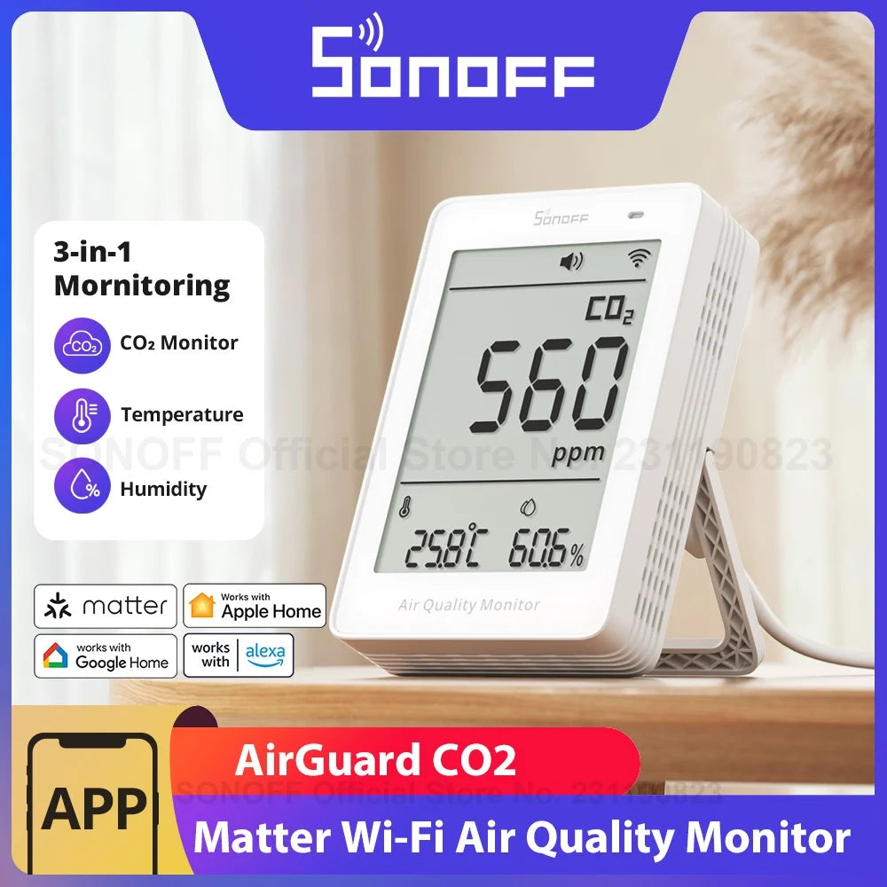 SONOFF AirGuard CO2 Matter Over WiFi Air Quality Monitor SAWF-08P Temperature Humidity Meter Sound & Light Alarm Historical Data