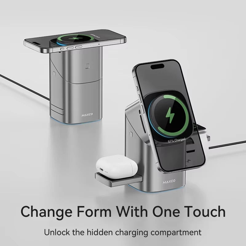 MAXCO Qi2 Magnetic 3-in-1 Wireless Charger – for IPhone 12-17 / AirPods / Apple Watch – Foldable, Full Touch, Fast Charging