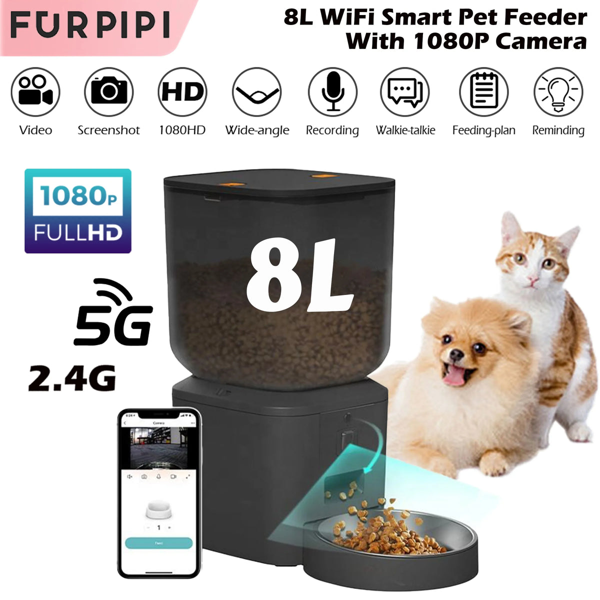 Smart Pet Feeder with Camera – 8L Auto Dispenser for Cats & Dogs