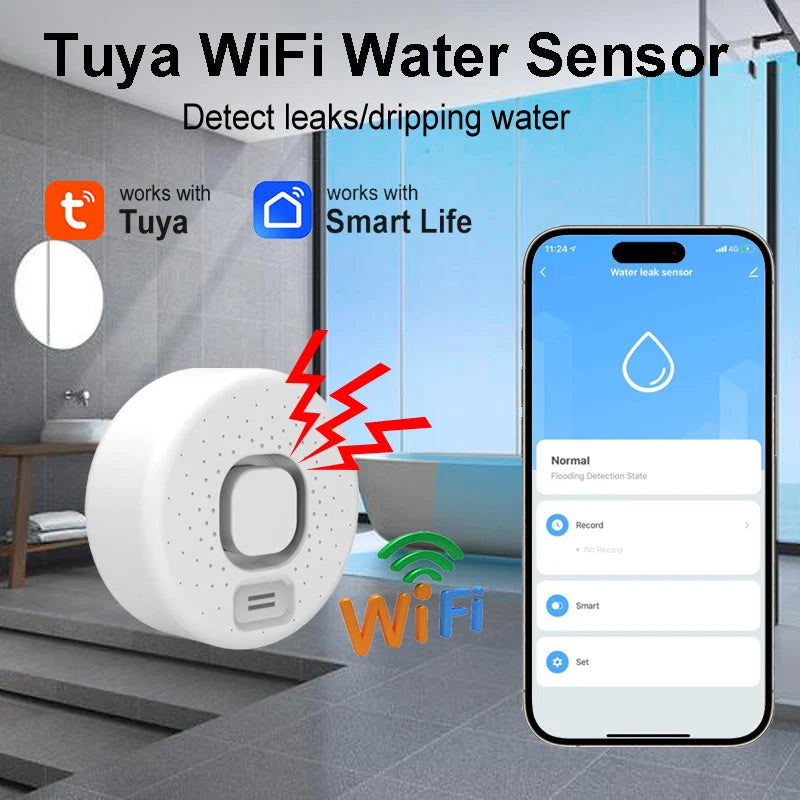 Tuya WiFi Water Leakage Detector Smart Life Drip Sensor High Decibel Sound Alarm Kitchen Bathroom Flood Leak APP Remote Alert