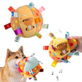 Plush handle ball toy for dogs with bells for chew and tug play
