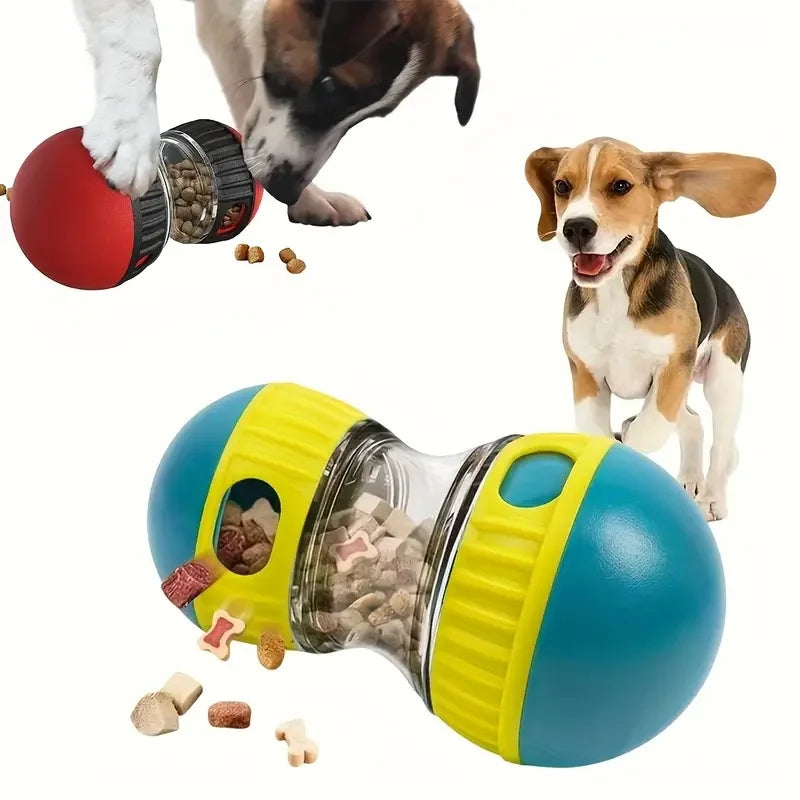 Wobbling treat dispenser toy and slow feeder puzzle for dogs