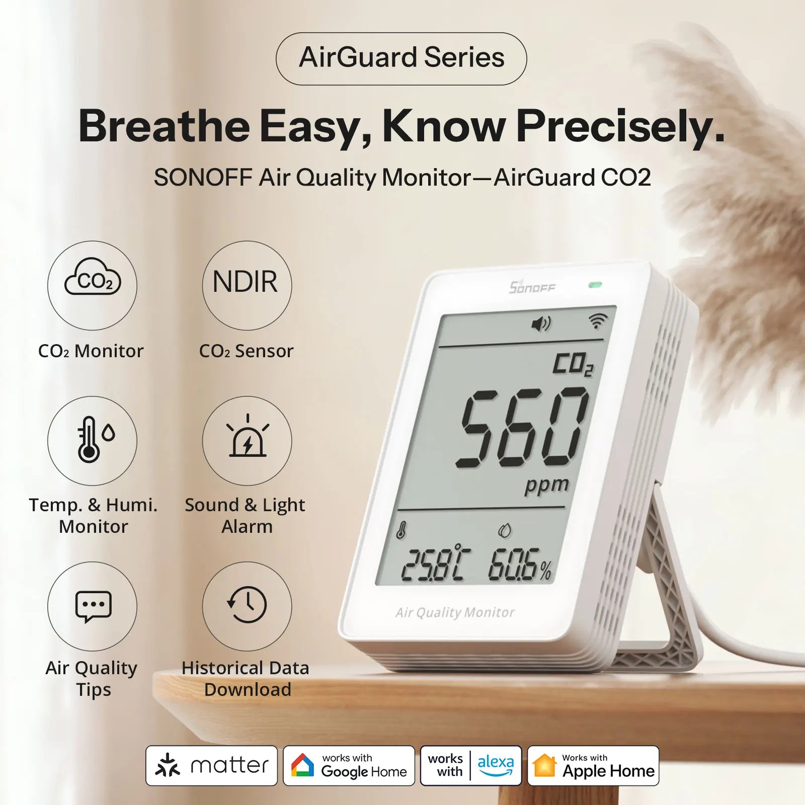 SONOFF AirGuard CO2 Matter Over WiFi Air Quality Monitor SAWF-08P Temperature Humidity Meter Sound & Light Alarm Historical Data