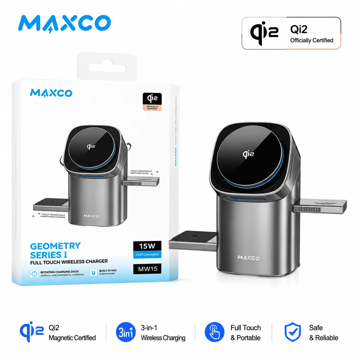 MAXCO Qi2 Magnetic 3-in-1 Wireless Charger – for IPhone 12-17 / AirPods / Apple Watch – Foldable, Full Touch, Fast Charging